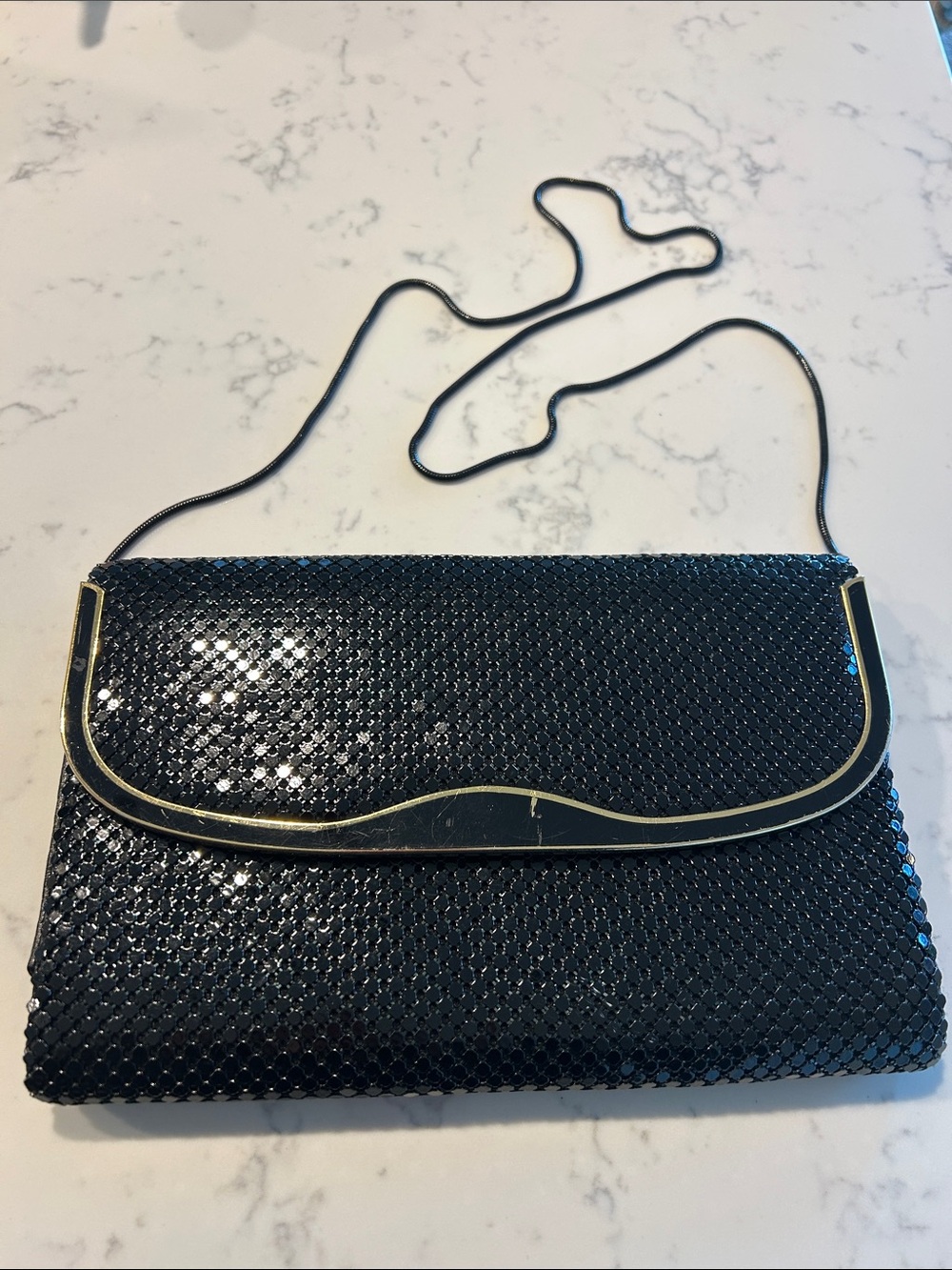 Black Metal Evening Crossbody Bag with Gold Trim